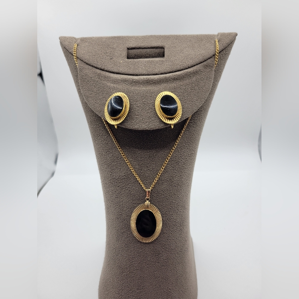 Vintage Victorian Vandell Black Onyx Oval Gold Filled Necklace And Earring Set